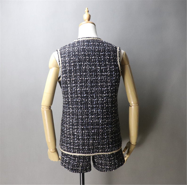 Women's gilet Asymmetric Trim Pockets Tweed Vest + Shorts - Fashion Pioneer 