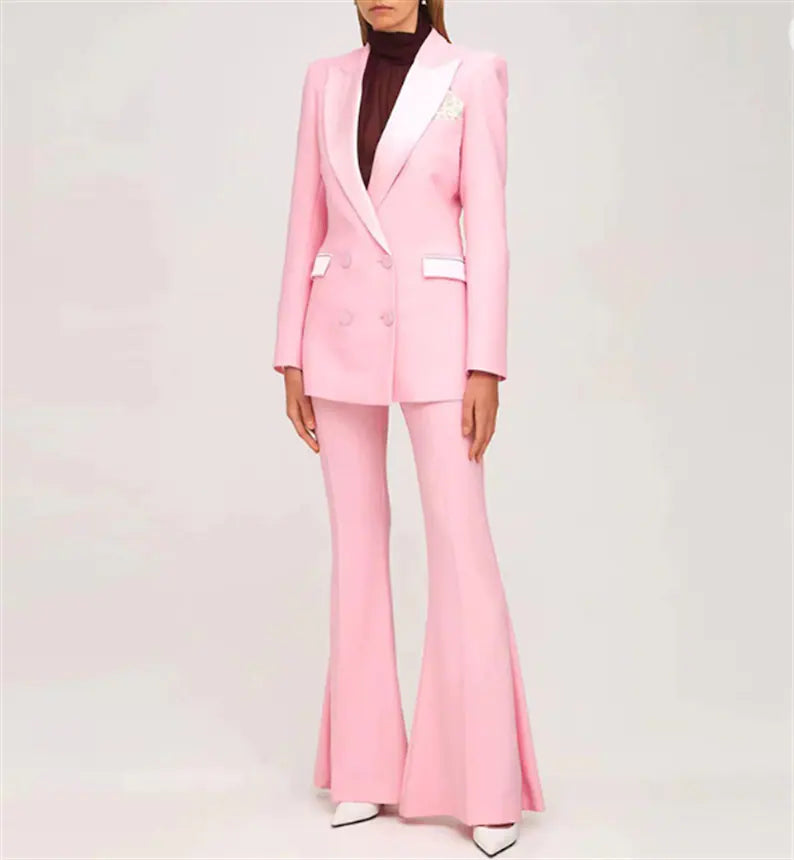 Women Double Breasts Satin Collar Pink Mid-Length Blazer + Mid-High Rise Flare Trousers Suit   Female's flared pants with a Mid High Blazer are incredibly adaptable, comfortable, and affordable. They also look great. Purchase a blazer and flared pants from Fashionpioneer, People, and other well-known retailers. There are many different patterns to choose from, such as flower patterns for the summer, dip-dye, weaved, and animal prints.