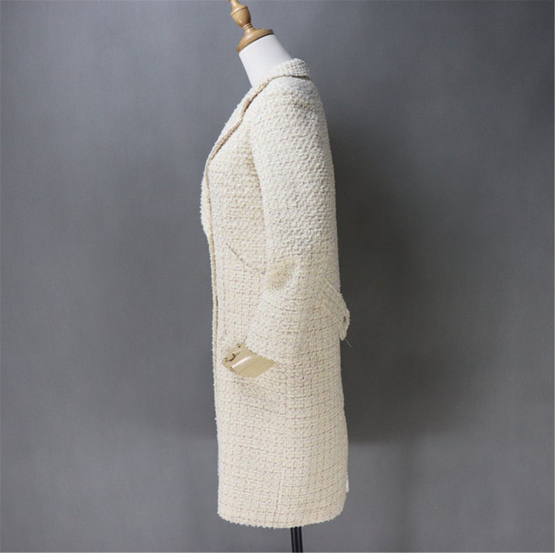 White Tweed Sheath Dress + Long Coat For Womens (20% discount)  "10 Pound Discount when you buy both Sheath Dress + Long Coat"   UK CUSTOMER SERVICE! White Tweed Sheath Dress + Long Coat For Womens (20% discount) - As per customer requirement, our tailor will make perfect Tweed fabric for you. This is all season dress, can wear for outside and functions.