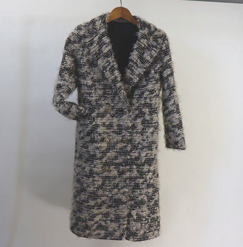 Women Designer Inspired Tweed Wool Blend Golden Threads Black Coat   UK CUSTOMER SERVICE! Women Designer Inspired Tweed Wool Blend Golden Threads Black Coat  - long coat with sleeve, Wool blend, fully lined and Custom made order. All items are made to order. Please advise your height, weight and body measurements ( Bust, shoulder, Sleeves, Waist and Length etc). Our tailors will make the order for you!  We also need your Mobile Number for the tracking delivery.  Materials: Wool Blend