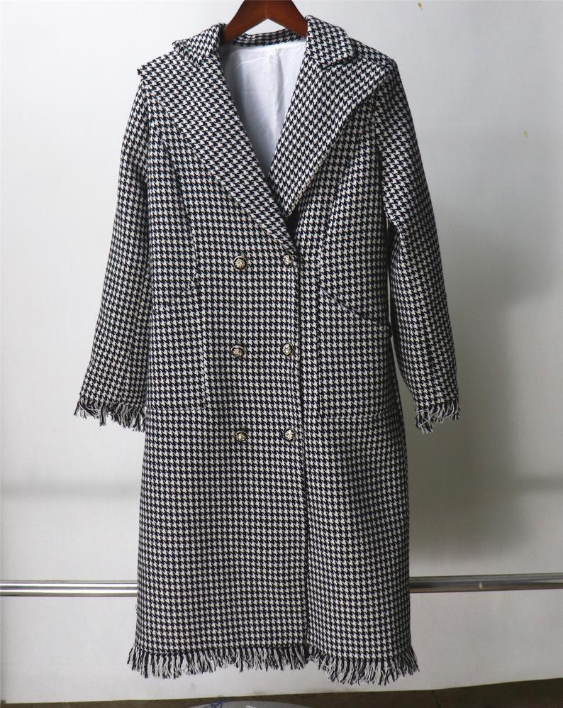 Womens Long Coat CUSTOM MADE Houndstooth Black Checked Wool Blend Tweed   UK CUSTOMER SERVICE! Womens  Long Coat CUSTOM MADE Houndstooth Black Checked Wool Blend Tweed-All items are made to order. Please advise your height, weight and body measurements ( Bust, shoulder, Sleeves, Waist and Length etc). Our tailors will make the order for you!  Materials: Wool blend (20% Wool)