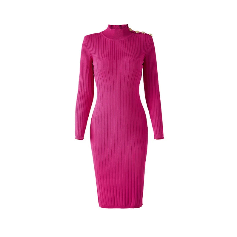 Women Golden Buttons High Neck Knitwear Long Over the Knee Dress Black and Hot Pink, This dress is a great choice for a woman who is looking for a stylish and elegant look. The dress is made of a high quality knit material and features golden buttons along the neckline, giving it a unique and sophisticated look. The dress is long and comes down to just above the knee, allowing you to show off your legs while still keeping you warm.