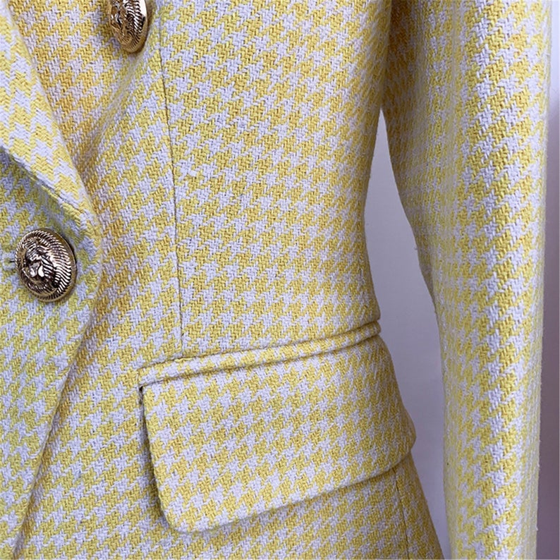 Women Houndstooth Fitted Golden Lion Buttons Blazer Yellow  UK CUSTOMER SERVICE! Women Houndstooth Fitted Golden Lion Buttons Blazer Yellow- can worn for business meeting, daily wear, formal date, office work, vacation, interview and outdoor activities.The simple but classic short sleeve tee shirts match well with jeans,shorts,pants,capris,leggings,boots and heels,perfect for spring and summer,you can also wear it under a coat or jacket in cold days   Machine Wash Fastening: Button Slim Long Sleev