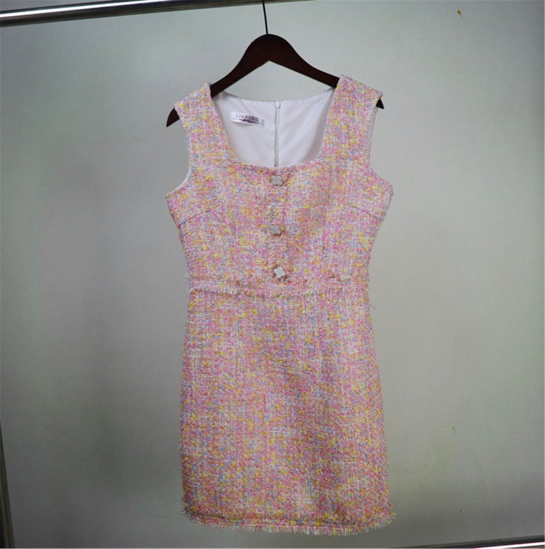 Women Custom Made Square Neck Sleeveless Tweed Sheath Dress Pink