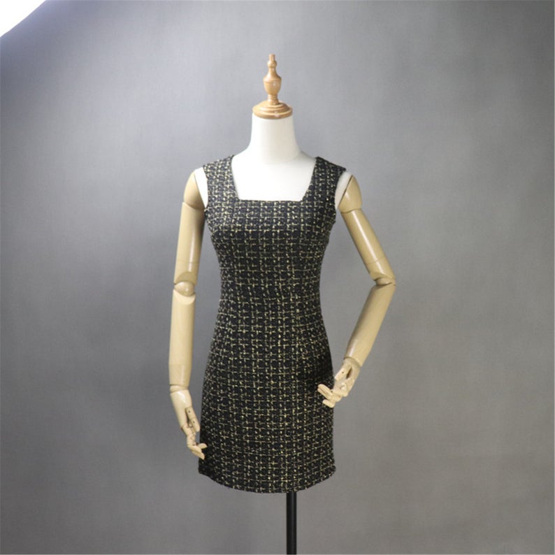 Tweed Sheath Dress + Blazer Coat in Black Golden Checked Pattern, suitable for winter, parties, nights out, ceremonies, inaugurations, and official occasions. Dresses go well with any sort of coat, jacket, or cardigan. Blazer with a great neck shape and front pocket. Our tailor will manufacture suits with or without pockets, long sleeves, half sleeves, or sleeveless according to the customer's specifications.