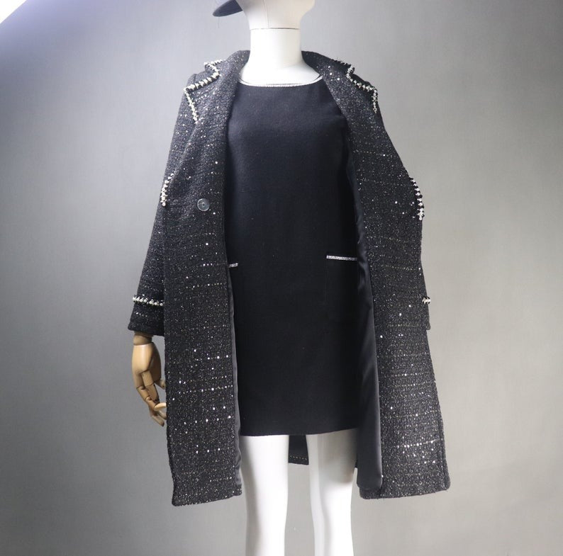 Women's Winter Tailor MADE Sequinned Long Warm Coat Black - Fashion Pioneer 