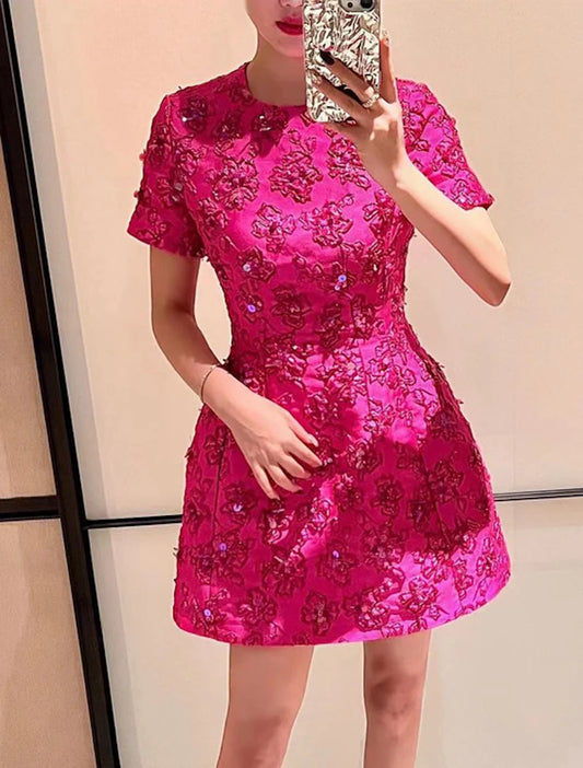 Luxury Hand Made 3D Flowers Embroidery Blazer / Short Mini Dress Hot Pink for Girls