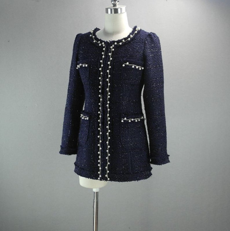 Womens Designer Inspired CUSTOM MADE Pearl Navy Jacket Coat Blazer+Shorts/Skirts