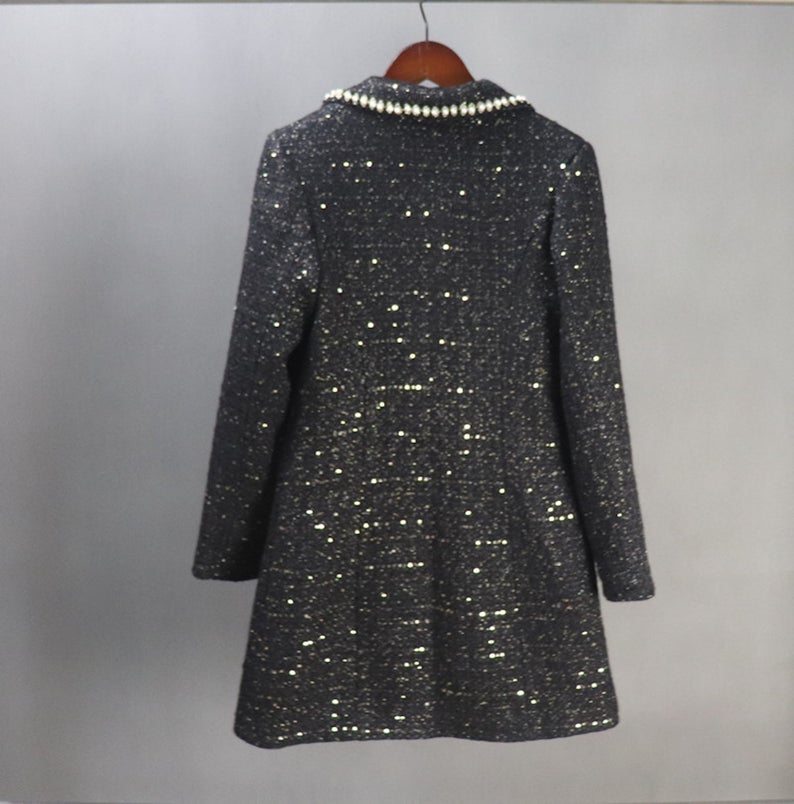 ailor Made Tweed Pearls Black Blazer Mid Length / Long Sequinned Coat for Women  UK CUSTOMER SERVICE! Tailor Made Tweed Pearls Black Blazer Mid Length / Long Sequinned Coat for Women, can worn for ceremony, inauguration and official use. Its no machine washable, dry cleaning and feel more comfort to wear. All items are made to order. Please advise your height, weight and body measurements ( Bust, shoulder, Sleeves, Waist and Length etc). Our tailors will make the order for you! HandMade Materials: Tweed