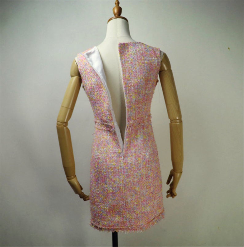 Women Custom Made Square Neck Sleeveless Tweed Sheath Dress Blue Pink