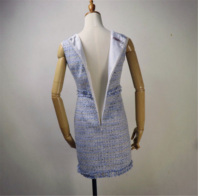 Women Custom Made Check Tweed Blue Color Dress/Shorts/Skirt Suit