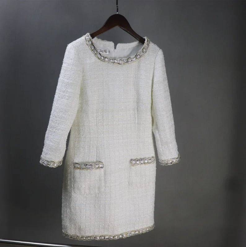 This white tweed dress is perfect for any formal occasions such as wedding, graduation, interviews, business meetings, Daily office wear.  Dry Cleaning. The midi length and round-neck gives this pencil fashionable dress a classic and timeless shape, making the baggy trendy pretty dressing gown versatile for various special occasions.