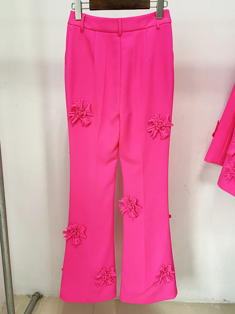Hot Pink 3D Flower Decorate Hot pink Loose fit blazer and flare trouser Unique style stage perfomance dinner wear party wear The vibrant colors and unique style of this pantsuit are sure to impress. Perfect for any special occasion such as a stage performance, dinner, or party, the Hot Pink 3D Flower Decorate Loose Fit Blazer and Mid-High Rise Flare Trousers Pantsuit Suit is sure to turn heads.