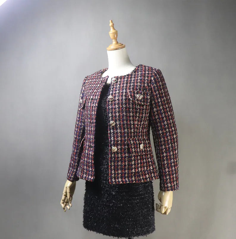 Tailored Women's Dark Red Checked Jacket Coat with Skirt  UK CUSTOMER SERVICE!   Tailored Women's Dark Red Checked Jacket Coat with Skirt-  Red checked suits with pant and jeans. Designed with front pocket and silver buttons. Tweed fabric. Dry clean and no machine wash. Can worn for ceremony, college Inauguration , Party, Night Out and Evening Friends with Dinner. No Machine washable. We offer Shorts, Skirts, Trousers for the suit. "Black Sheath dress and Jacket was sold separately".