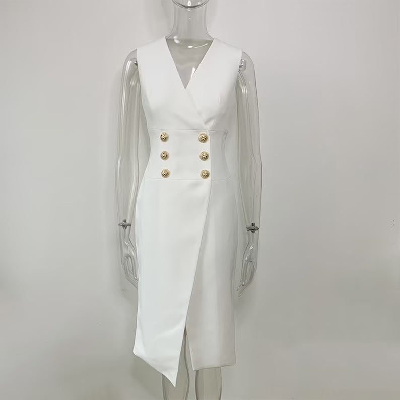 Women's Golden Buttons V Neck Black / White Long Dress - Fashion Pioneer 