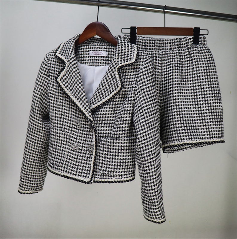 Womens Designer Inspired Custom Made Checked Pattern Tweed Crop Blazer + Shorts/Skirt Suit