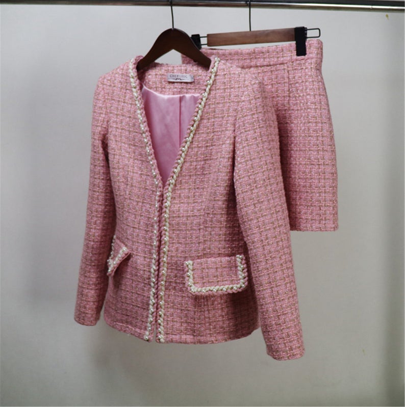 Women Custom Made V Neck Pearls Decoration Tweed Pink Color Dress/Shorts/Skirt Suit