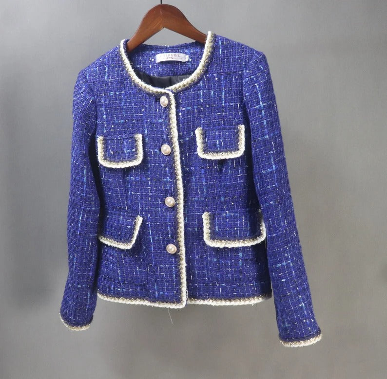 Royal Blue Coat Blazer Sequinned Women's Tailor CUSTOM MADE  Tailor Made Royal Blue Tweed Jacket Coat Blazer For Women-Office,casual,vacation,business,dating,party,outdoor,picnic,hiking,travel, formal, etc. We have different material and design of custom women blazers. Perfect to match with many clothes, it is one suit jacket can match almost all of your wardrobe.