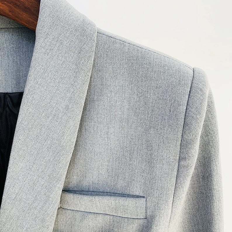 Women's Metal Lion Buttons Fitted Shawl Collar Grey Blazer Jacket - Fashion Pioneer 