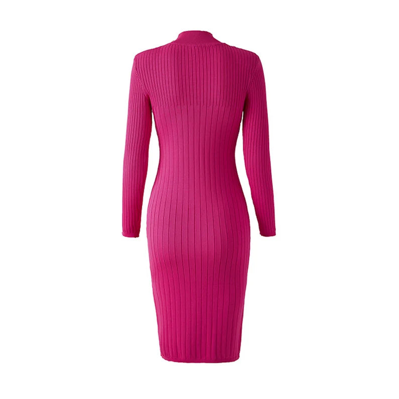 Women Golden Buttons High Neck Knitwear Long Over the Knee Dress Black and Hot Pink, This dress is a great choice for a woman who is looking for a stylish and elegant look. The dress is made of a high quality knit material and features golden buttons along the neckline, giving it a unique and sophisticated look. The dress is long and comes down to just above the knee, allowing you to show off your legs while still keeping you warm.