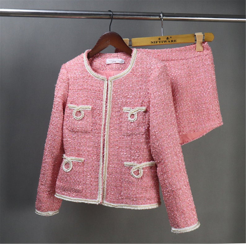 Custom Made Pink Tweed Blazer Coat+ Skirt / Shorts Suit for Women