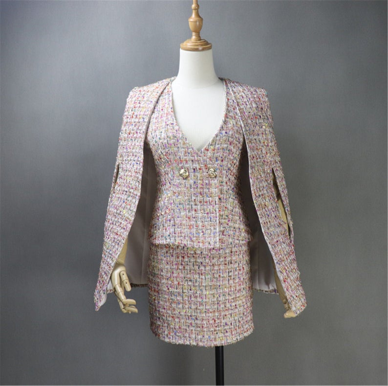 Women's Custom Made Multi-Color Tweed Coat / Cape+ Vest + Skirt 3 Pieces Suit Pink   UK CUSTOMER SERVICE!  Women's Custom Made Multi-Color Tweed Coat / Cape+ Vest + Skirt 3 Pieces Suit Pink, all of our suits can be made with a Skirt or a pair of Shorts or Trousers.  All items are made to order. Please advise your height, weight and body measurements ( Bust, shoulder, Sleeves, Waist and Length etc). Our tailors will make the order for you!