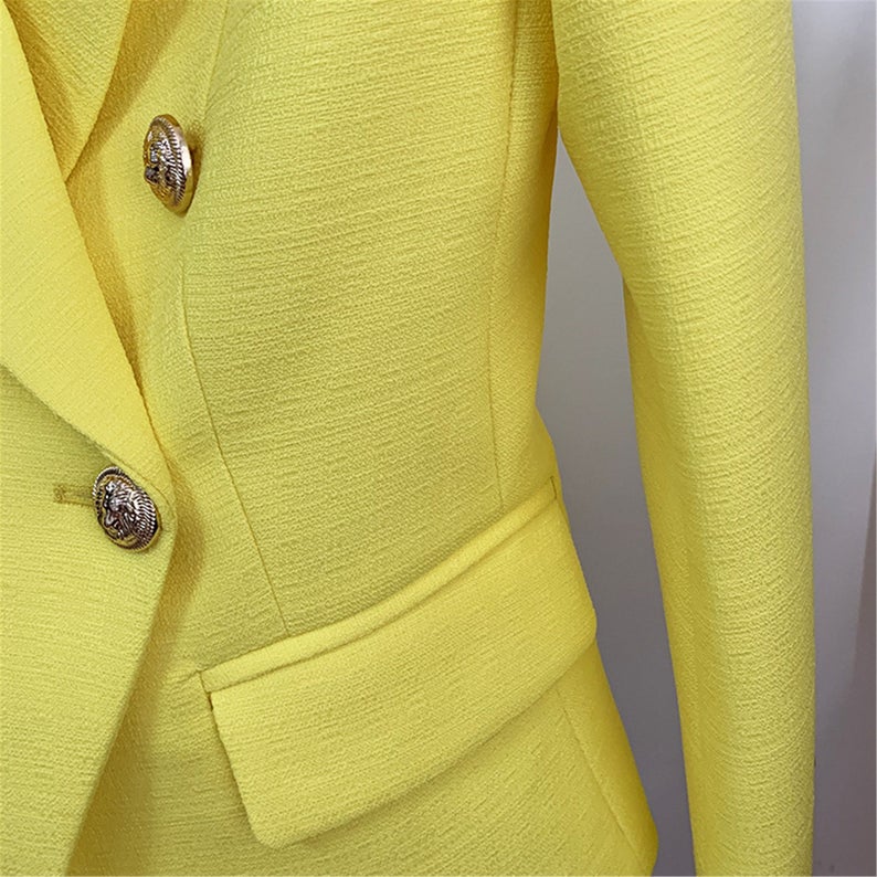 Women's Blazer Fitted Golden Lion Buttons Yellow/Red  Quick International tracking delivery!  Women's Blazer Fitted Golden Lion Buttons  Yellow/Red, it has Golden button with two pockets , can wear it for official use, casual daily wear,  Inauguration ,it gives more comfort and confident to wear. Blazer for women sharply tailored and effortlessly smart.  Fastening: Button Slim Long Sleeve