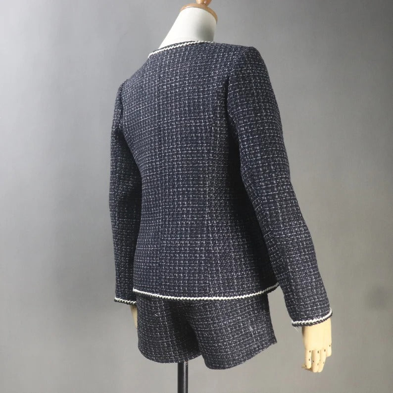 Women Custom Made Tweed Black Jacket + Dress/Shorts/ Pencil Skirt Suit(more than 10% discount) - We are happy to make as per customer size like Oversized, Plus Size, Extra Size, Perfect body measure ,Small size ,Large size. Our tailor will make perfect Tweed fabric for you. This is all season dress, can wear for outside, weddings , ceremony, Events and functions.