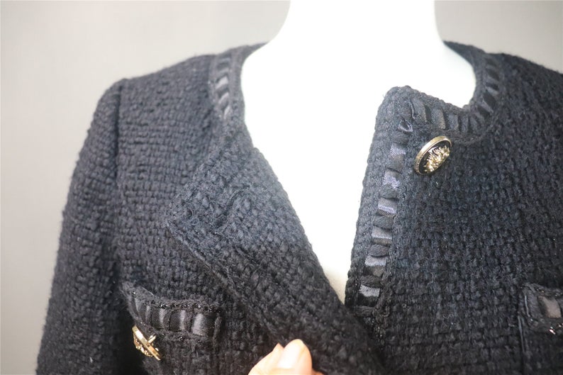 Women's Designer Inspired CUSTOM MADE Hand Made Black Tweed Jacket Coat Blazer