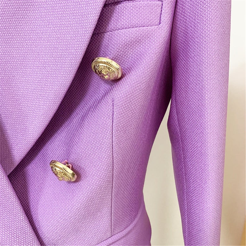 Piqué Fabric Fitted Blazer Golden Buttons Coat Purple  UK CUSTOMER SERVICE! Piqué Fabric Fitted Blazer Golden Buttons Coat Purple - The purple fitted jacket has a golden button frontage with single button closure. Slim fit and long sleeves. This women blazer has a beautiful double breasted . Perfect casual wear, outside shop and official use. Two button front fastening. Dry clean and no machine wash.