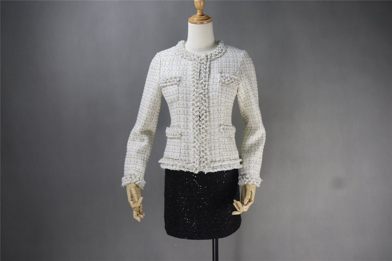Custom Made Tweed Pearls Sparkle Thread Blazer + Skirt Suit