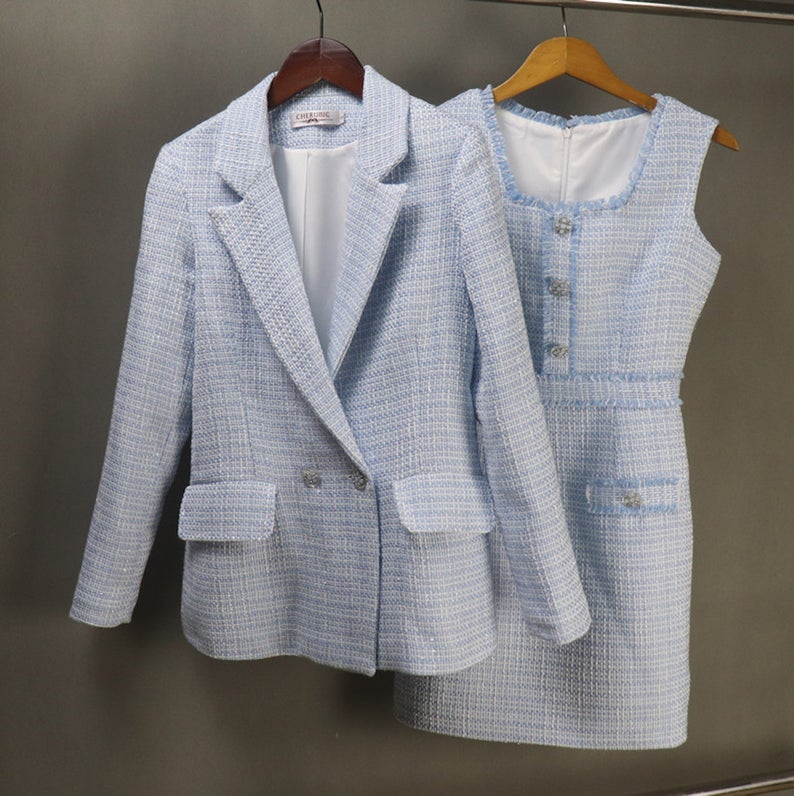 Women's CUSTOM MADE Tweed Blue Coat Cape + Dress/ Skirt/ Trousers(10% Discount) - Fashion Pioneer 
