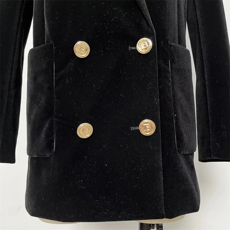 Women's Jewellery Badge Loose Fit Mid-Length Velvet Blazer Jacket Black