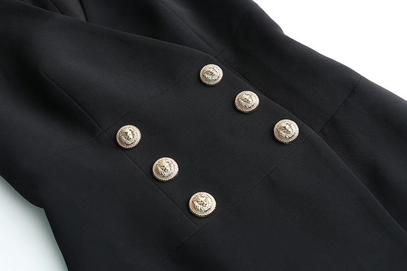 Women's Golden Buttons V Neck Black / White Long Dress - Fashion Pioneer 