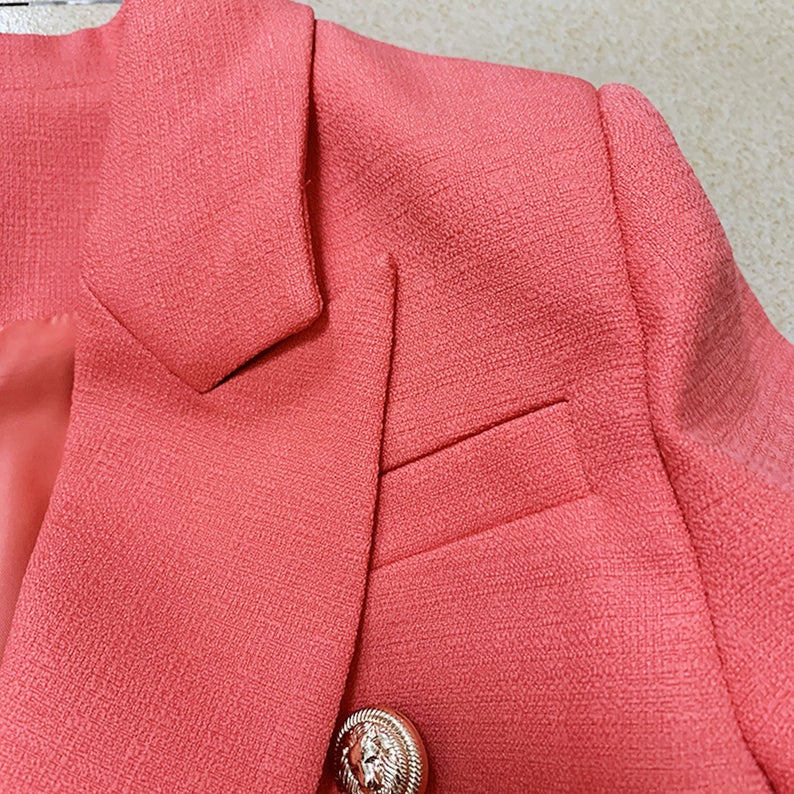 Women's Blazer Coral Red Golden Lion Buttons Fitted    UK CUSTOMER SERVICE!   Women's Blazer Coral Red Golden Lion Buttons Fitted - Front pocket and golden lion buttons. Look stunning. Polyester and fully lined. Can worn for outside, business use ,onsite and shop. This short, straight-style  coat is perfect for cooler weather and a smart look, no matter if you're heading out to shop or to the office. 