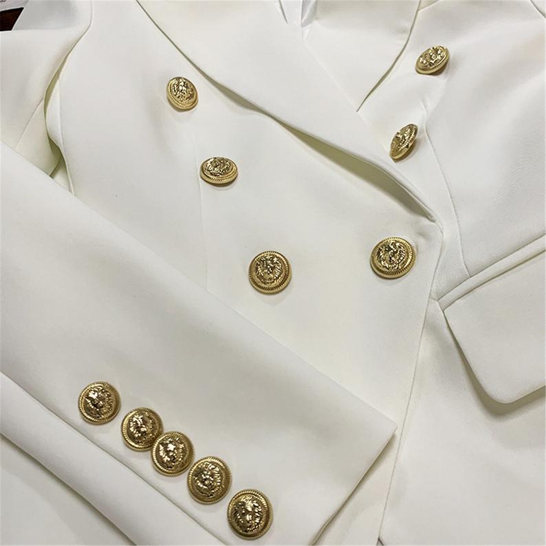 Women's White Fitted Blazer Golden Lion Buttons Coat 2 Colours  UK CUSTOMER SERVICE!  Women's White Fitted Blazer Golden Lion Buttons Coat 2 Colours -This ladies blazer has a beautiful double breasted silhouette. The White Blazer fitted jacket has a golden button frontage with single button closure. 96% Polyester .Fastening: Button. Slim Fit. Long Sleeve.