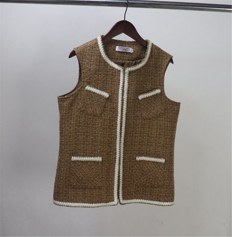 Women CUSTOM MADE Check Pattern Crooked Pockets Tweed Vest Gilet 2 Colours  Quick International service!  Custom made or tailor made Check Pattern Crooked Pockets Tweed Vest Gilet 2 Colours has four pockets, can wear it for official use, college inauguration, ceremony. Feel more comfort and confident.