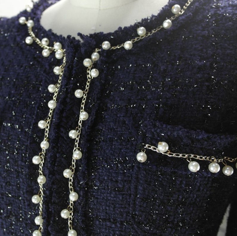 Womens Designer Inspired CUSTOM MADE Pearl Navy Jacket Coat Blazer+Shorts/Skirts