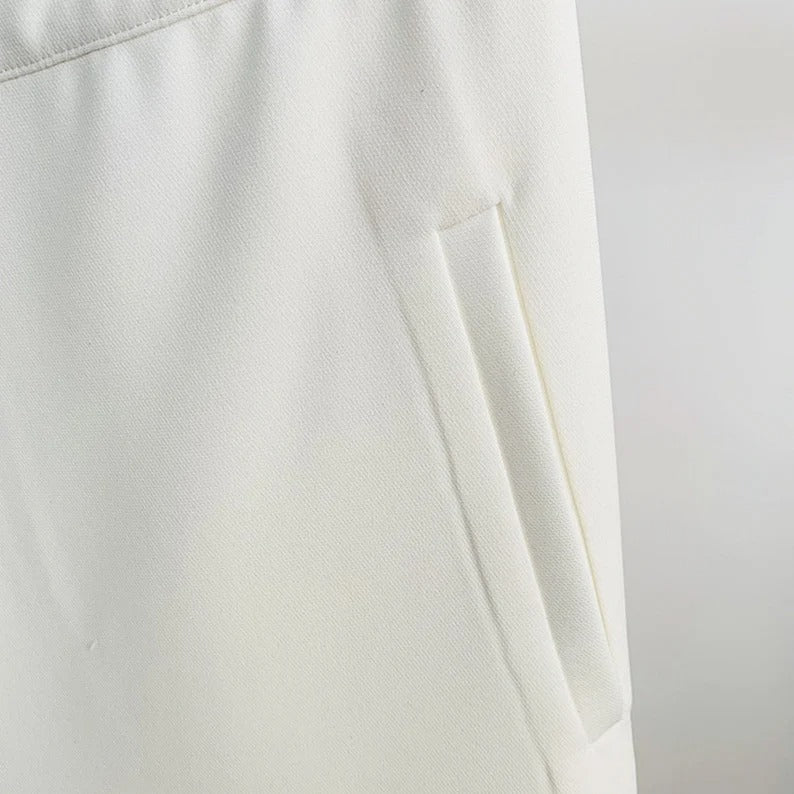 White Flare Asymmetrical Blazer + Trousers Floral Print Suit