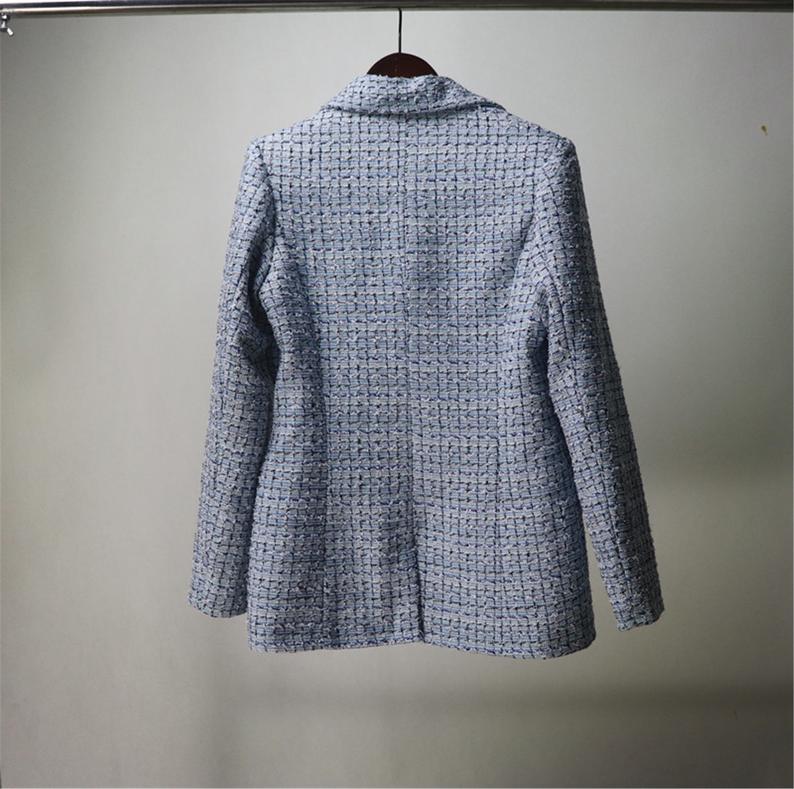 Womens Designer Inspired Custom Made Check Pattern Blue Tweed Blazer + Trousers Suit