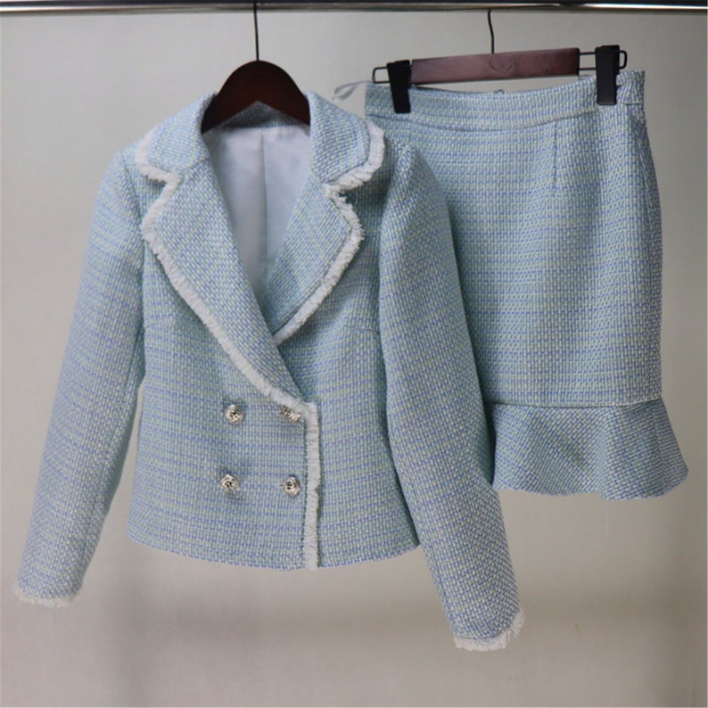 Womens Designer Inspired Custom Made Tweed Short Blazer + Fishtail Mermaid Skirt Suit