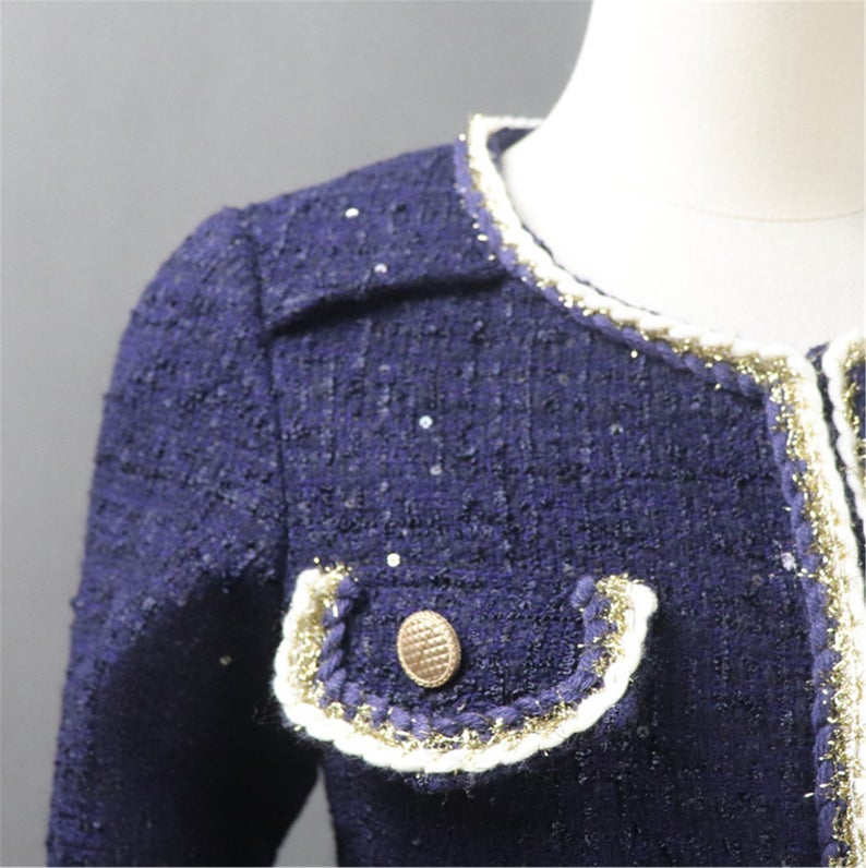 Custom Made Navy Blazer Coat+ Skirt / Shorts Suit Sequined Tweed for Women  UK CUSTOMER SERVICE!  All items are made to order. Please advise your height, weight and body measurements ( Bust, shoulder, Sleeves, Waist and Length etc). Our tailors will make the order for you!  Materials: Tweed