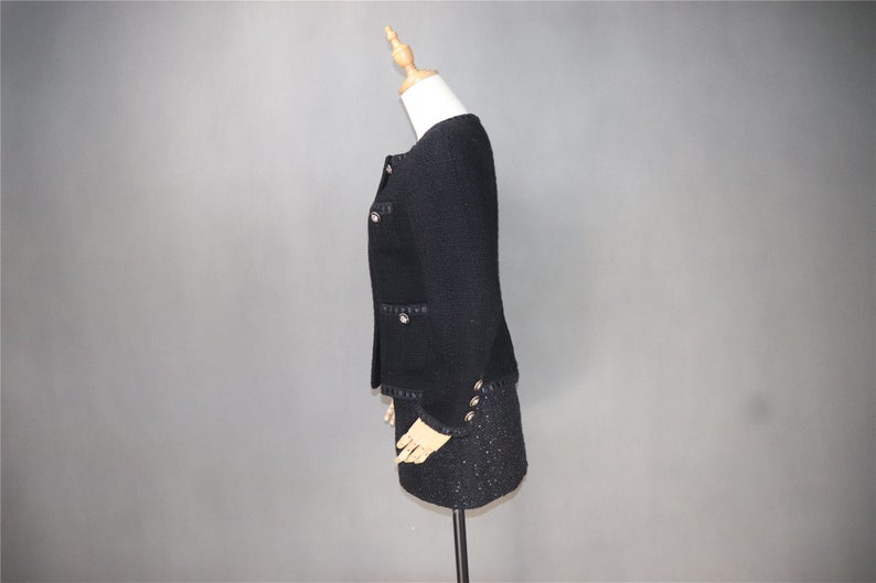 Women's Designer Inspired CUSTOM MADE Hand Made Black Tweed Jacket Coat Blazer