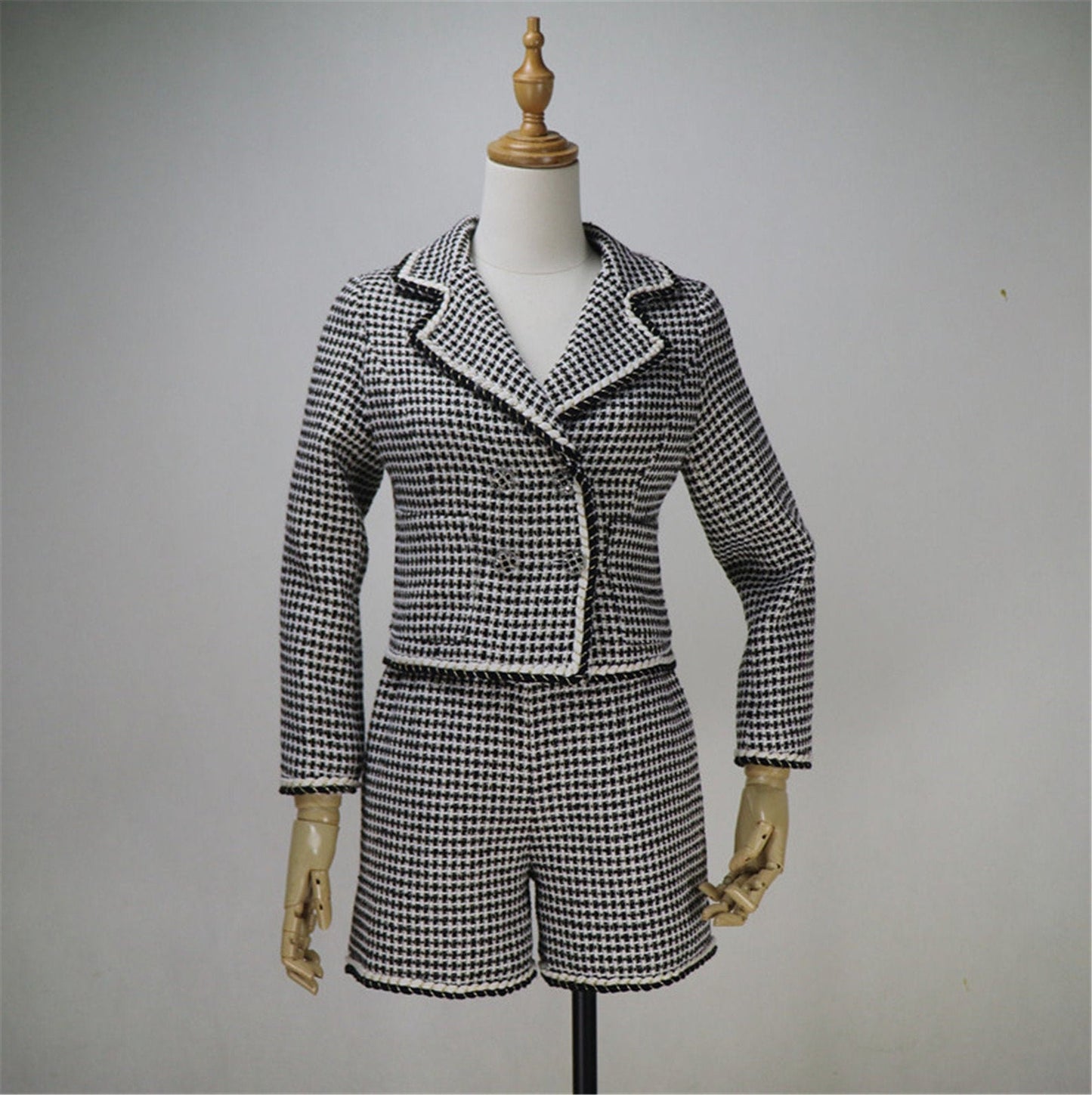 Womens Designer Inspired Custom Made Checked Pattern Tweed Crop Blazer + Shorts/Skirt Suit