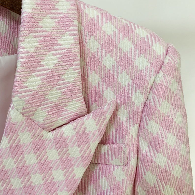 Women's Blazer Golden Lion Checked Buttons Fitted Pink Inspired by Designer  UK CUSTOMER SERVICE! Women's Blazer Golden Lion Checked Buttons Fitted Pink, Can worn for official use, Outside wear, College Inauguration and Interview. Dry Cleaning and No Machine Wash. Blazer with two pockets and designed with buttons. Double-breasted at the front with pink checked pattern give it a neat finish. Light weight and comfort to wear.