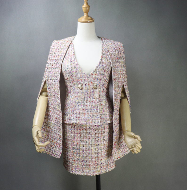 Women's Custom Made Multi-Color Tweed Coat / Cape+ Vest + Skirt 3 Pieces Suit Pink   UK CUSTOMER SERVICE!  Women's Custom Made Multi-Color Tweed Coat / Cape+ Vest + Skirt 3 Pieces Suit Pink, all of our suits can be made with a Skirt or a pair of Shorts or Trousers.  All items are made to order. Please advise your height, weight and body measurements ( Bust, shoulder, Sleeves, Waist and Length etc). Our tailors will make the order for you!