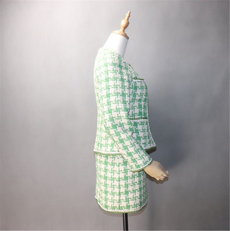 CUSTOM MADE Hounds tooth Tweed Jacket Coat Blazer + Skirt/ Shorts Suit Green