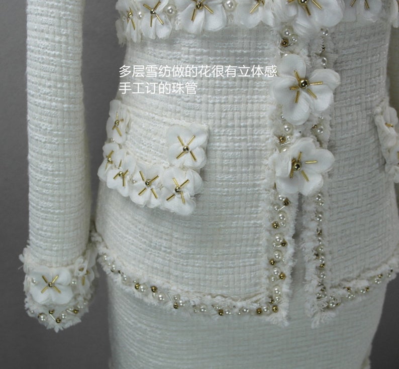 Womens Designer Inspired CUSTOM MADE Pearl Beads Flowers Coat Blazer+ Skirts Suit Formal/ Business