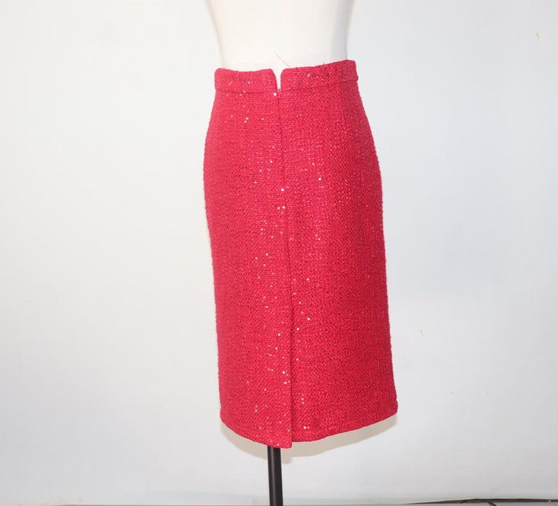 CUSTOM MADE Tweed Sequined Jacket Blazer+ Midi Skirts with a Belt 'Christmas Red'