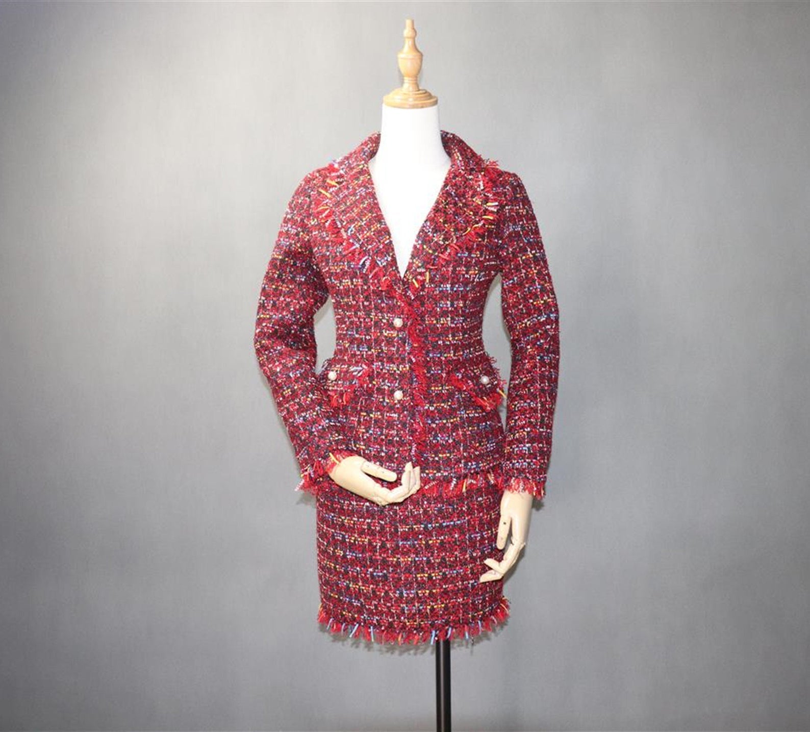  Hand Made Pearl Buttons Tweed Jacket Coat Blazer + Skirt Red
